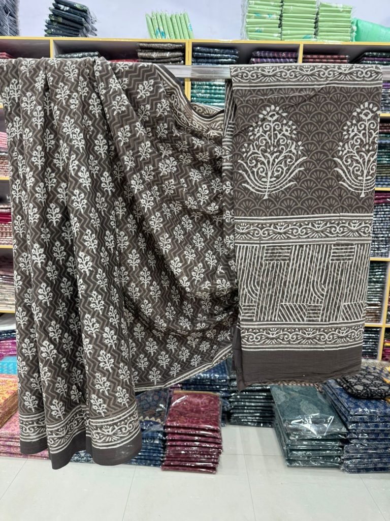 Charcoal Grey Hand Block Printed Cotton Saree – Classic Elegance