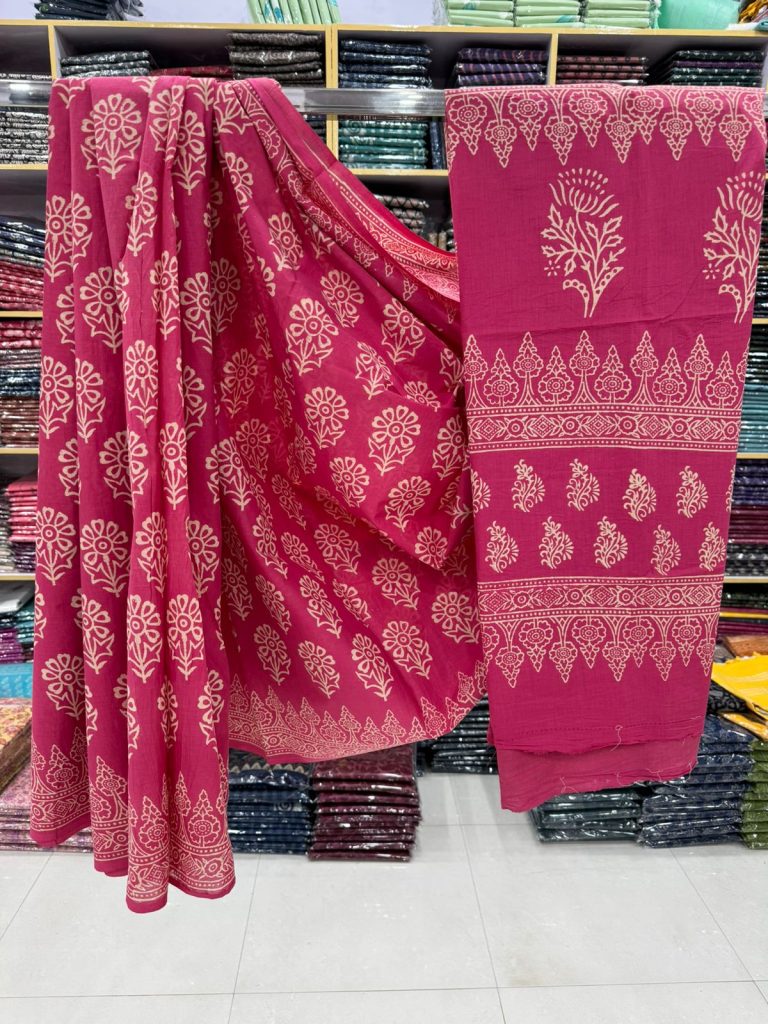 Fuchsia Cotton Saree with Traditional Hand Block Print – Radiant Elegance