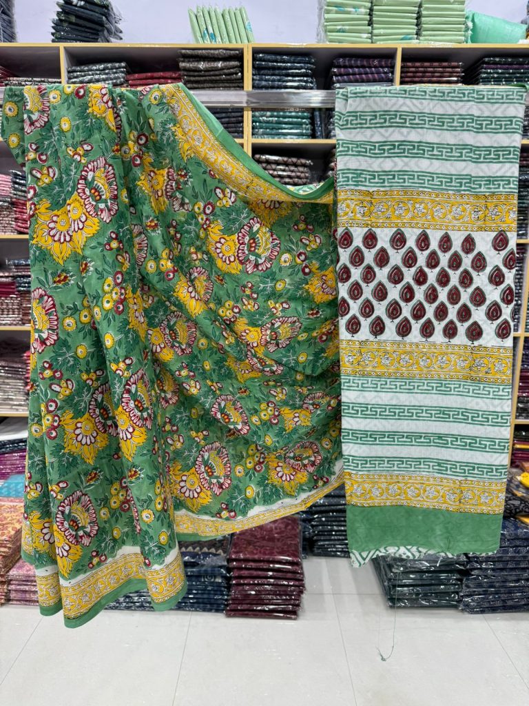 Garden Green Hand Block Printed Cotton Saree – Vibrant & Versatile