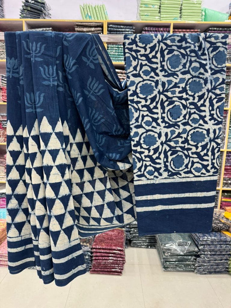 Indigo and White Geometric Hand Block Cotton Saree – Bold Patterns
