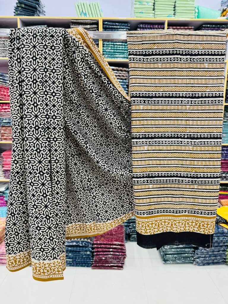 Monochrome Hand Block Printed Cotton Saree – Chic Monochromatic Style