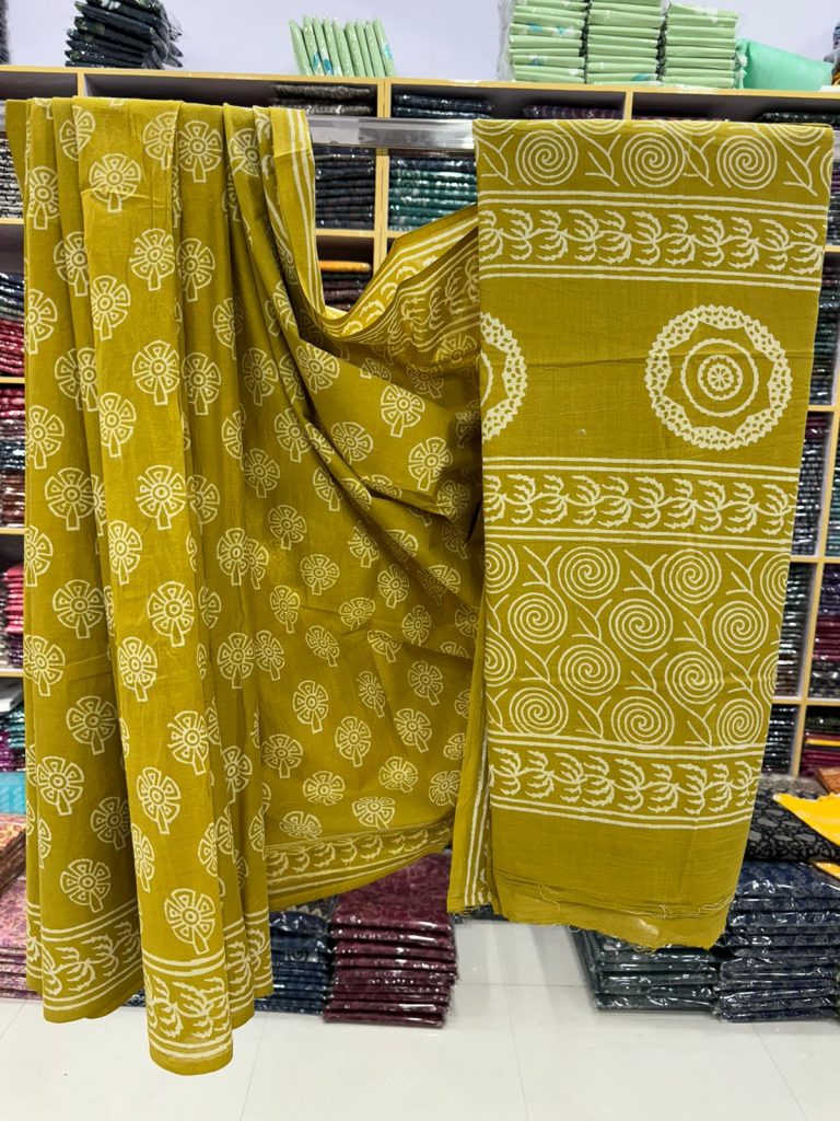 Mustard Yellow Hand Block Printed Cotton Saree – Vibrant & Versatile