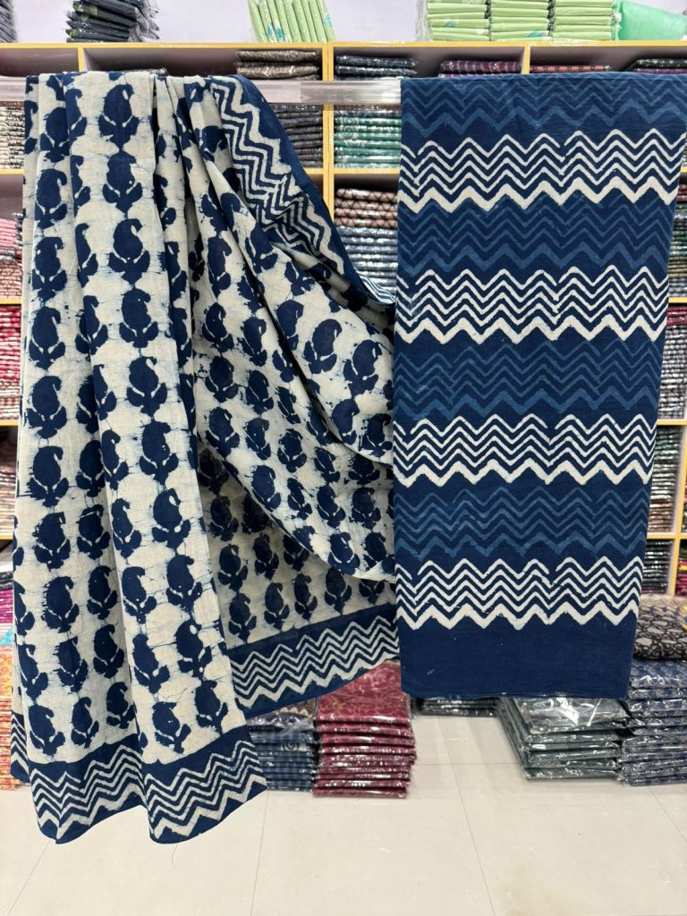 Navy Blue and White Cotton Saree – Hand Block Printed Perfection
