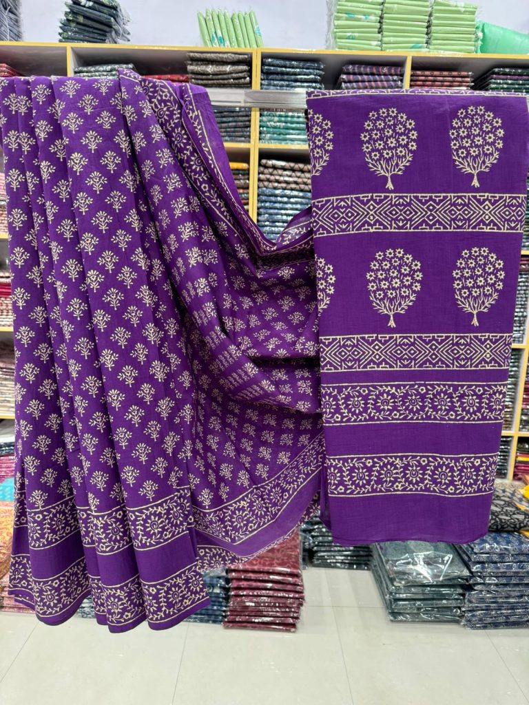 Royal Purple Hand Block Cotton Saree – Regal Comfort