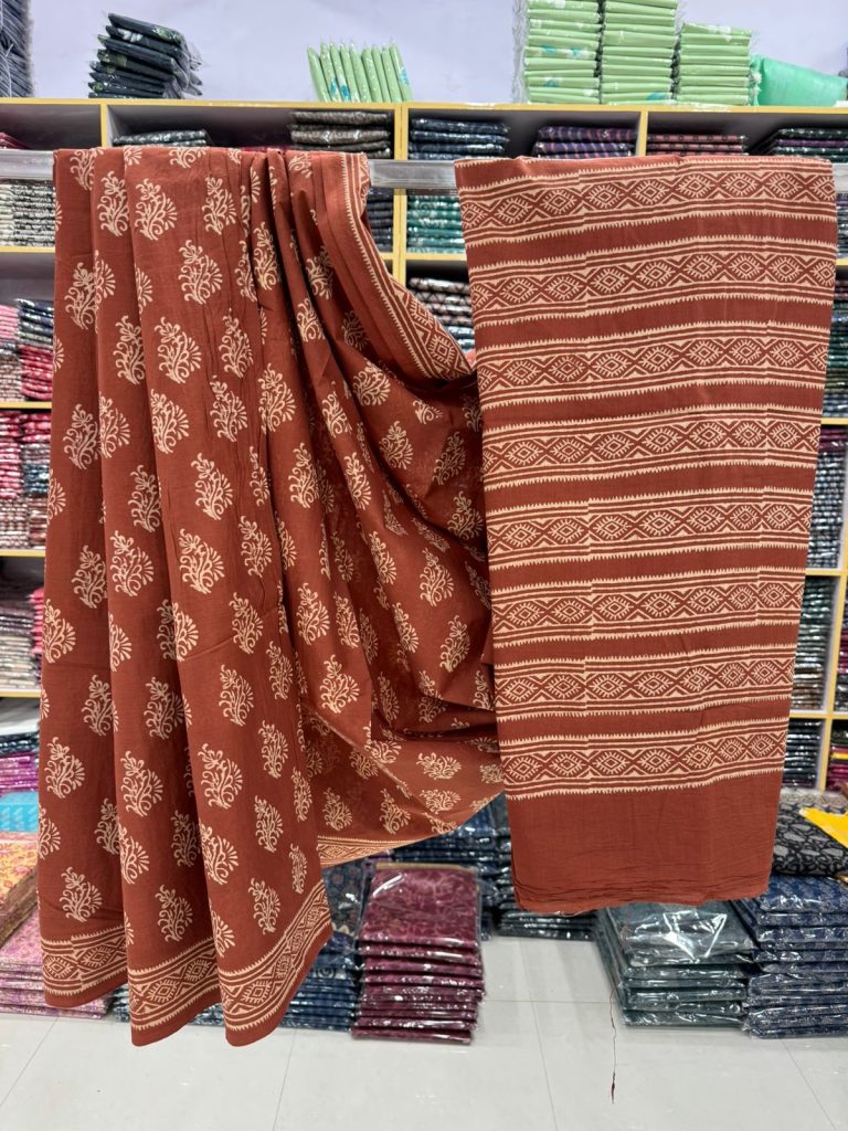 Rustic Red Hand Block Geometric Print Cotton Saree for Everyday Grace