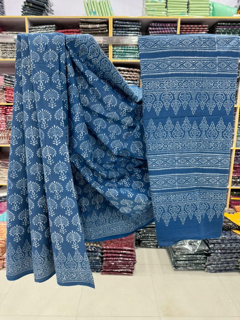 Sapphire Blue Hand Block Printed Cotton Saree – Classic Elegance