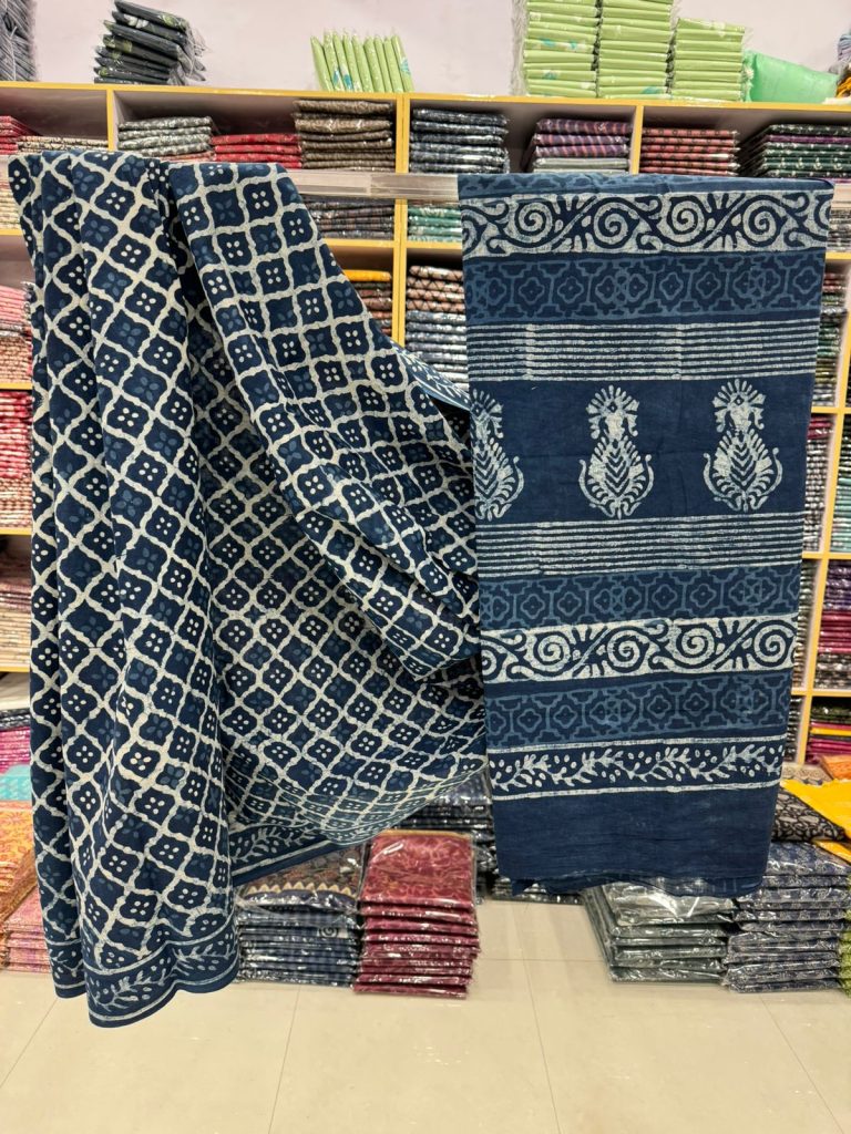 Indigo Hand Block Printed Cotton Saree – Deep Blue Tradition