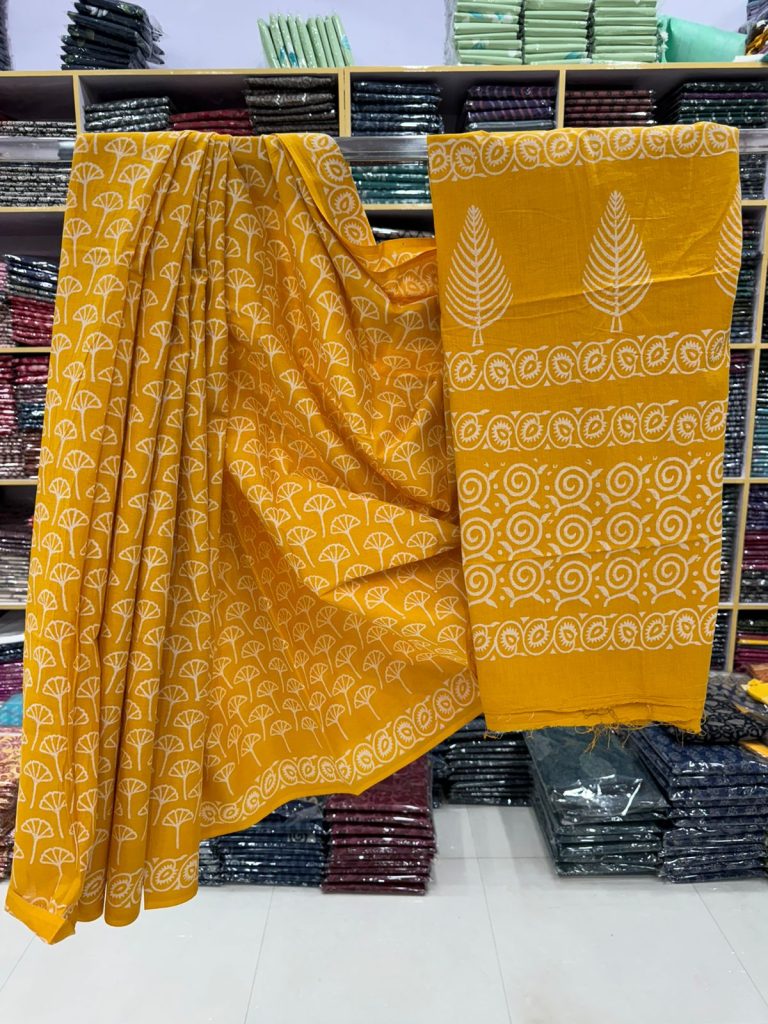Goldenrod Hand Block Printed Cotton Saree – Radiant and Refined