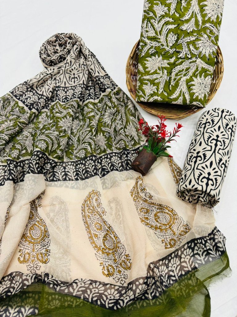 Earthy Olive Green Printed Cotton Suit with Contrasting Dupatta