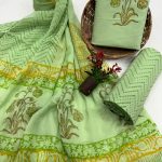 Lime Green Cotton Salwar Kameez with Hand Block Print & Matching Chiffon Dupatta
