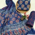Navy Blue Cotton Salwar Suit with Red Hand Block Print & Chiffon Dupatta