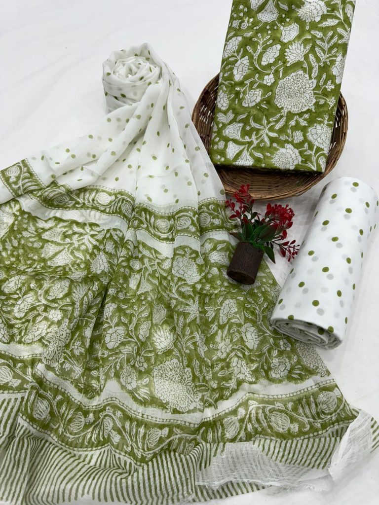 Olive Green Cotton Salwar Suit with Hand Block Print & Soft Chiffon Dupatta