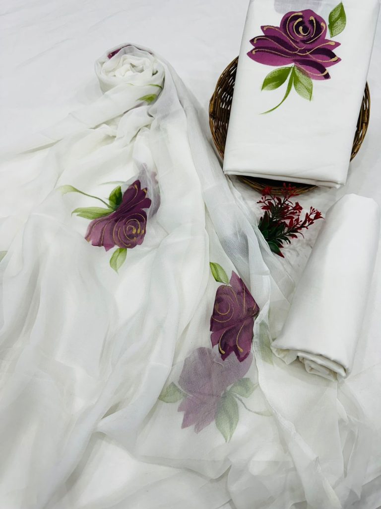 Refreshing White Floral Cotton Salwar Set with Purple Hand painted Design & Chiffon Dupatta