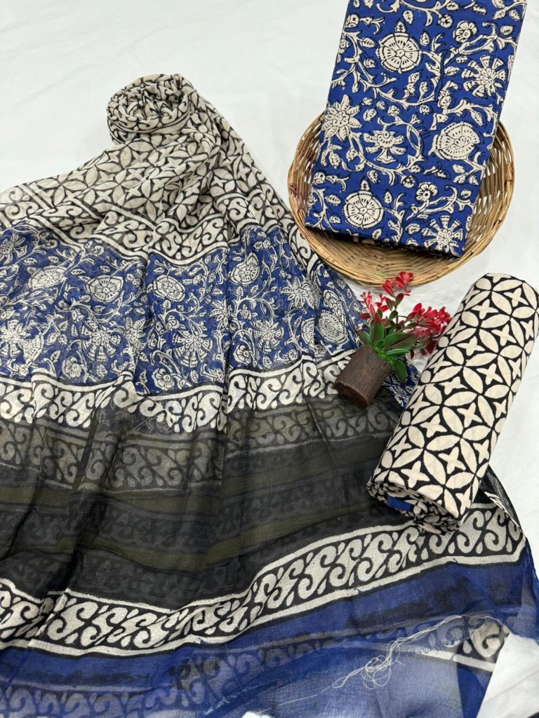 Royal Blue Salwar Suit with Traditional Block Print and Chiffon Dupatta
