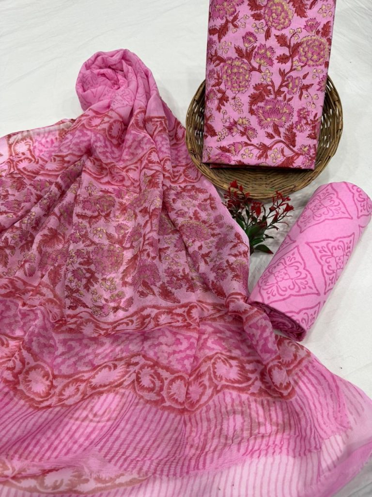 Striking Magenta pink Cotton Salwar Suit with Hand Block Print & Matching Chiffon Dupatta