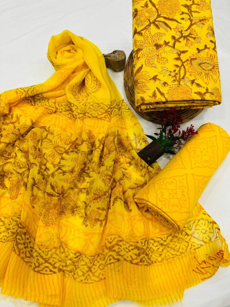 Sunshine Yellow Hand Block Printed Cotton Salwar Kameez with Airy Chiffon Dupatta