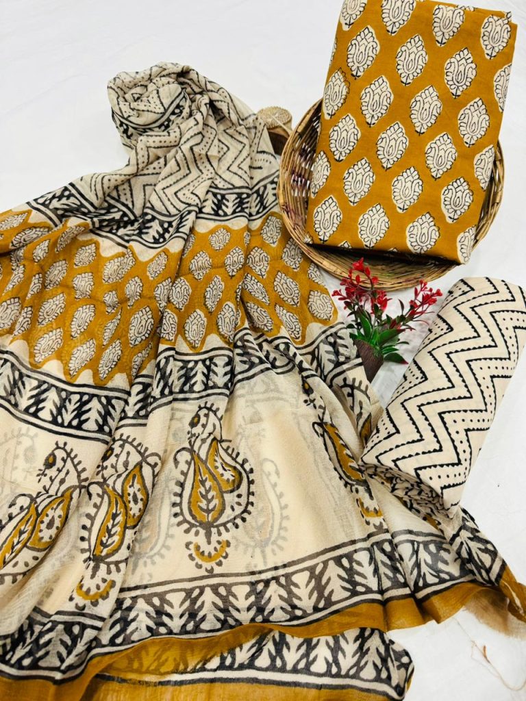 Vibrant Mustard Yellow Cotton Salwar Suit with Hand Block Print & Chiffon Dupatta