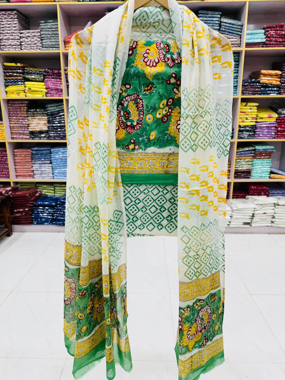 Vibrant Green & Yellow Cotton Salwar Suit Set with Mulmul Dupatta