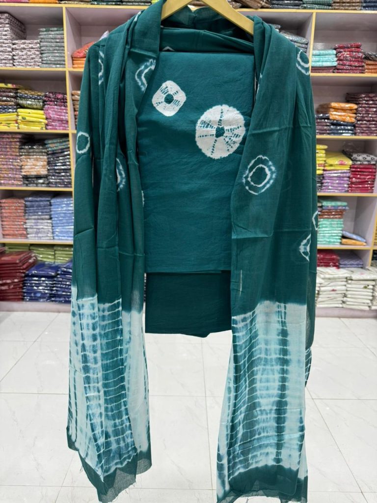 Teal Hand-Dyed Cotton Salwar Kameez Set with Mulmul Dupatta