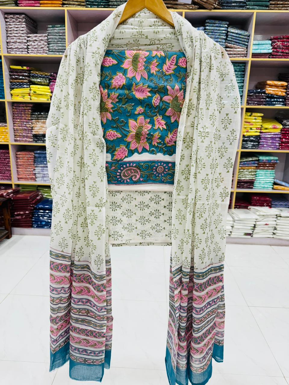 Cream & Pink Hand Block Printed Cotton Suit with Mulmul Dupatta