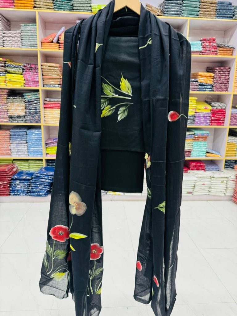 Chic Black Cotton Salwar Suit with Red Hand-Painted Dupatta