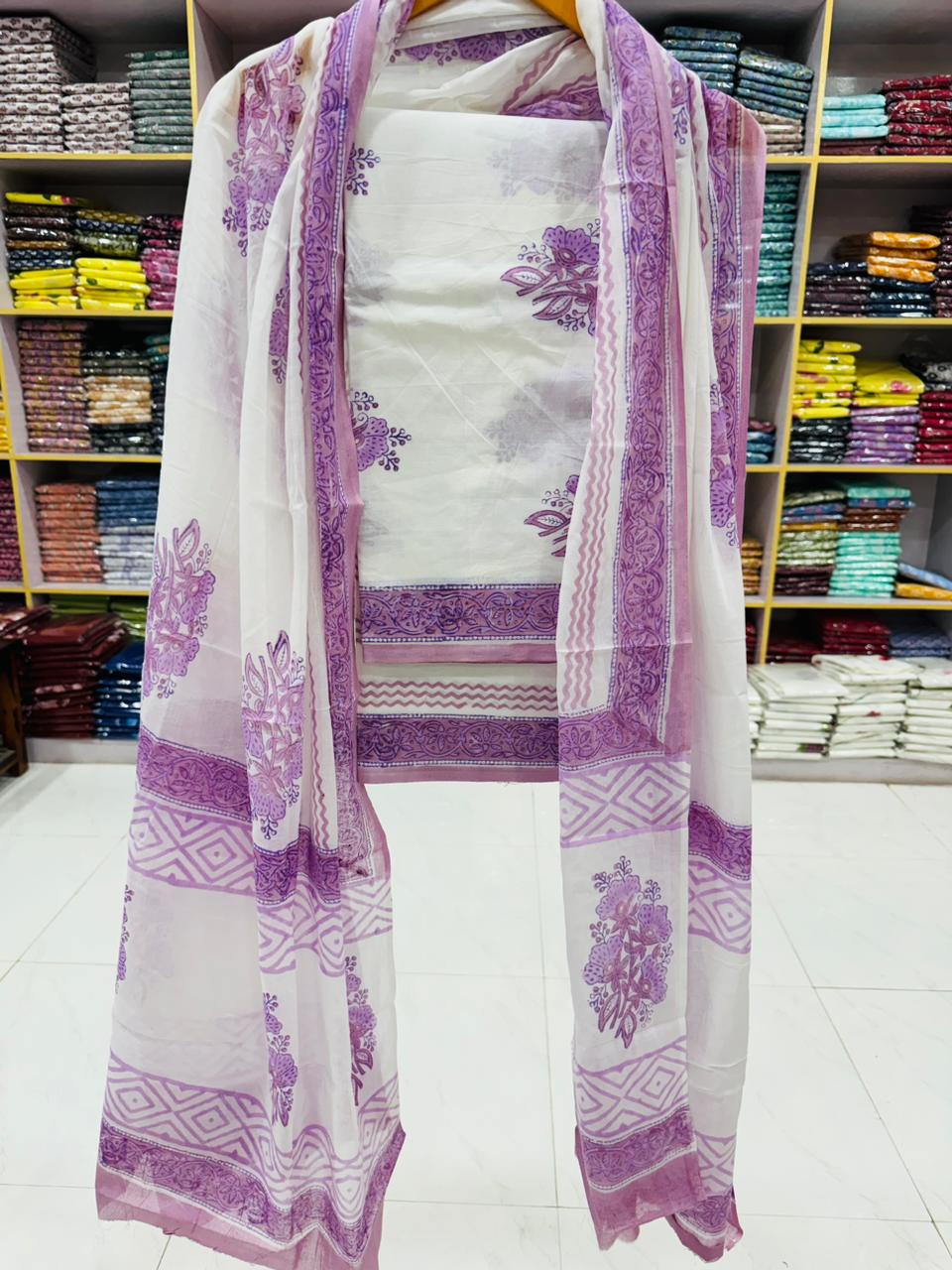 Elegant White & Purple Cotton Salwar Suit with Handcrafted Dupatta