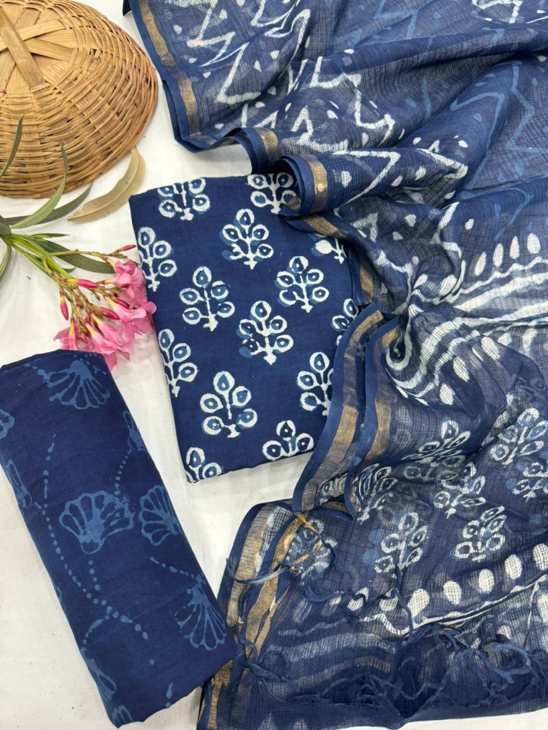 Chic Blue Floral Block Print Salwar Suit Material with Sheer Dupatta