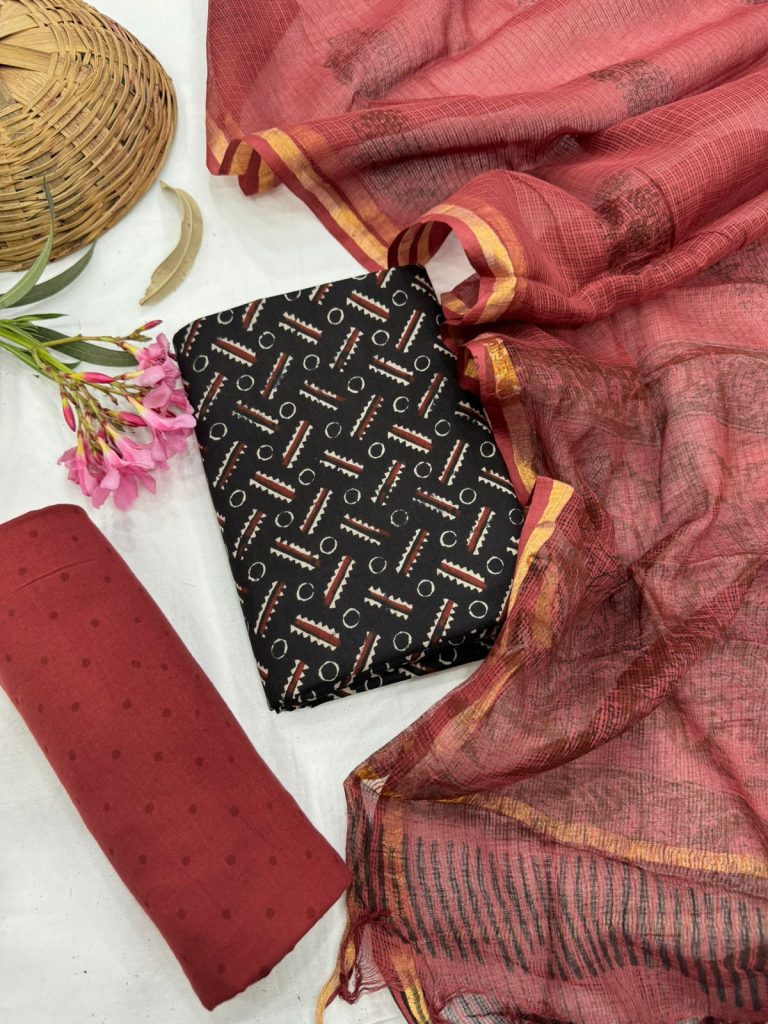 Elegant Maroon & Black Block Printed Unstitched Salwar Set with Dupatta