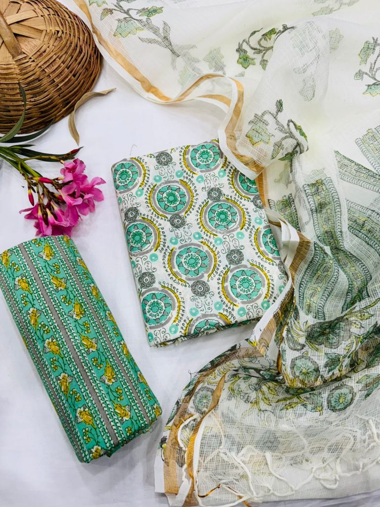 Exotic Teal Printed Salwar Fabric with Sheer Kota Doria Dupatta