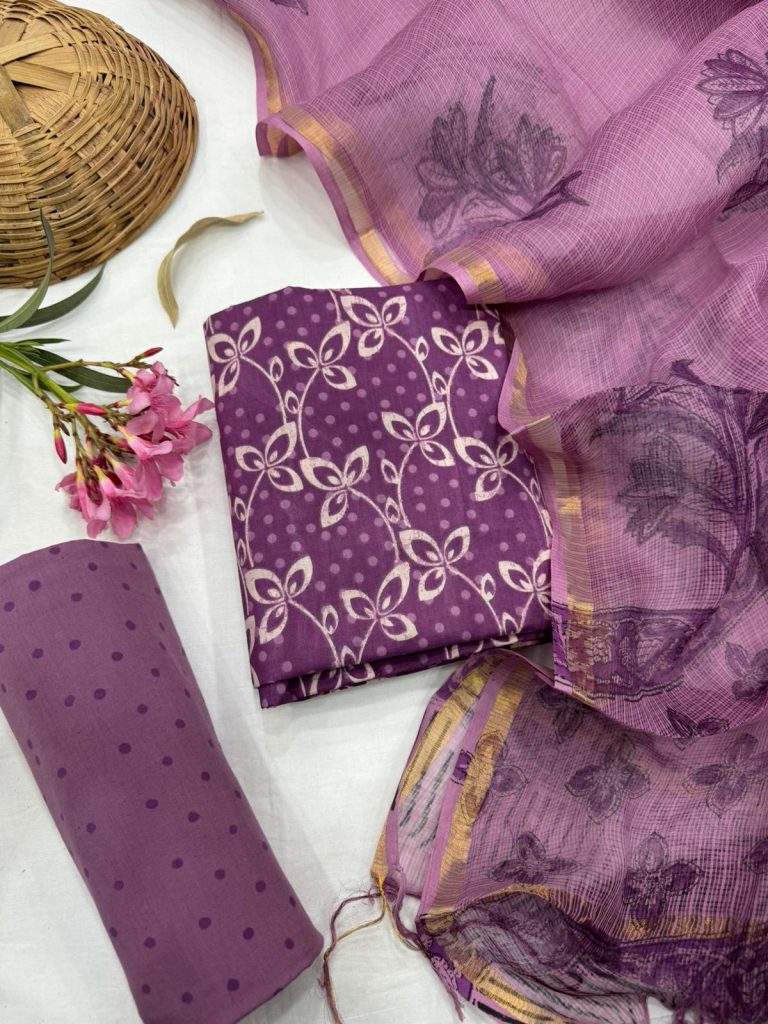 Regal Purple Block Printed Salwar Material with Kota Doria Dupatta