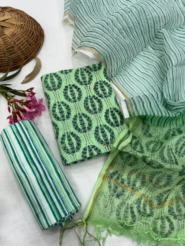 Sea Green Hand Block Print Salwar Suit with Elegant Kota Doria Dupatta