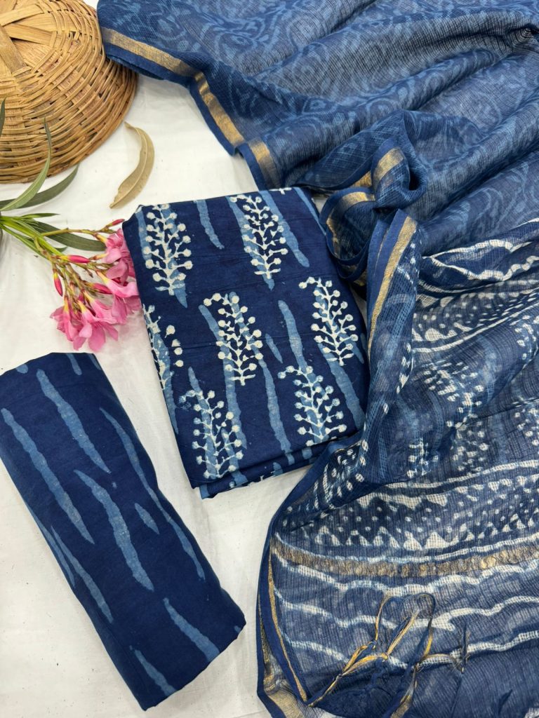 Sophisticated Navy Blue Cotton Salwar Material with Artisanal Block Print