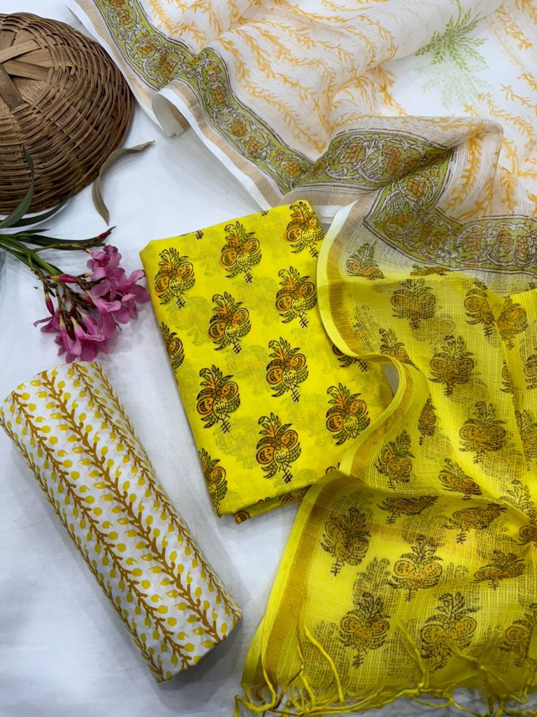 Sunny Yellow Salwar Suit with Traditional Block Print and Kota Doria Dupatta