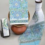 Cerulean Blue Floral Hand Block Cotton Dress Material with Kota Doria Dupatta