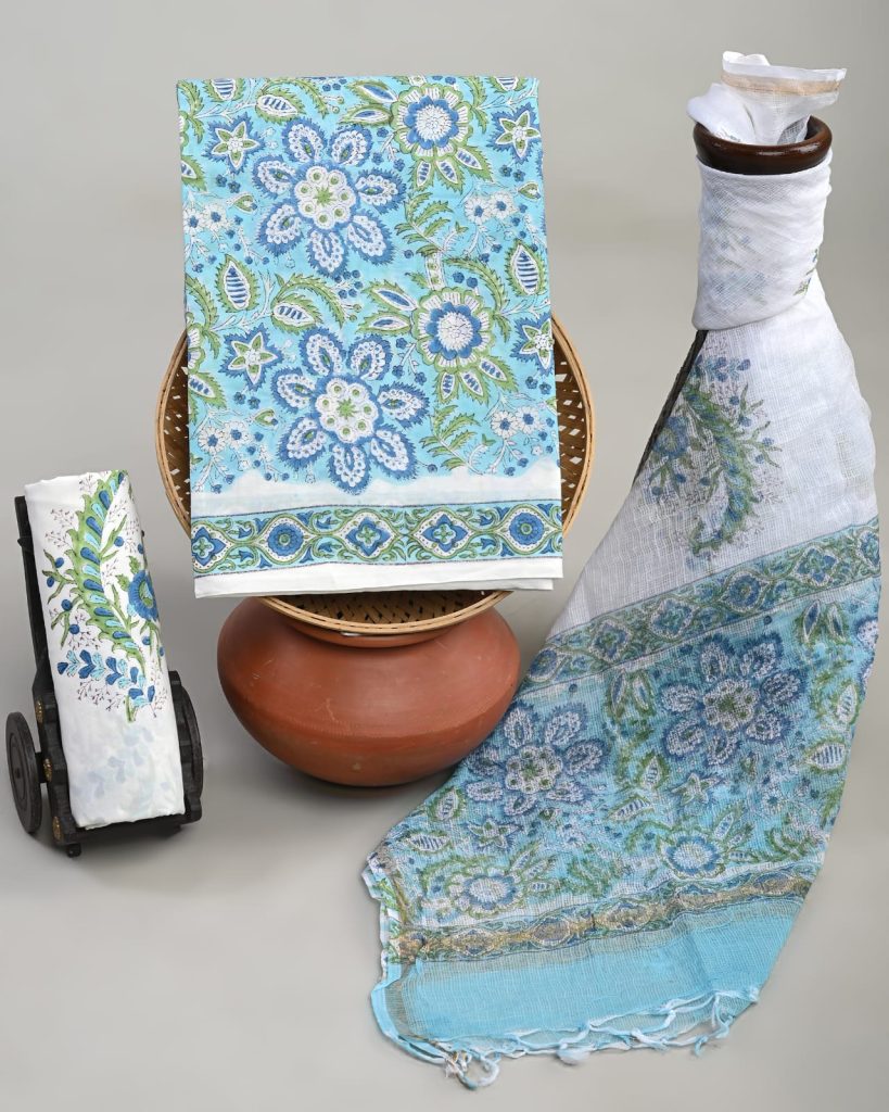 Cerulean Blue Floral Hand Block Cotton Dress Material with Kota Doria Dupatta