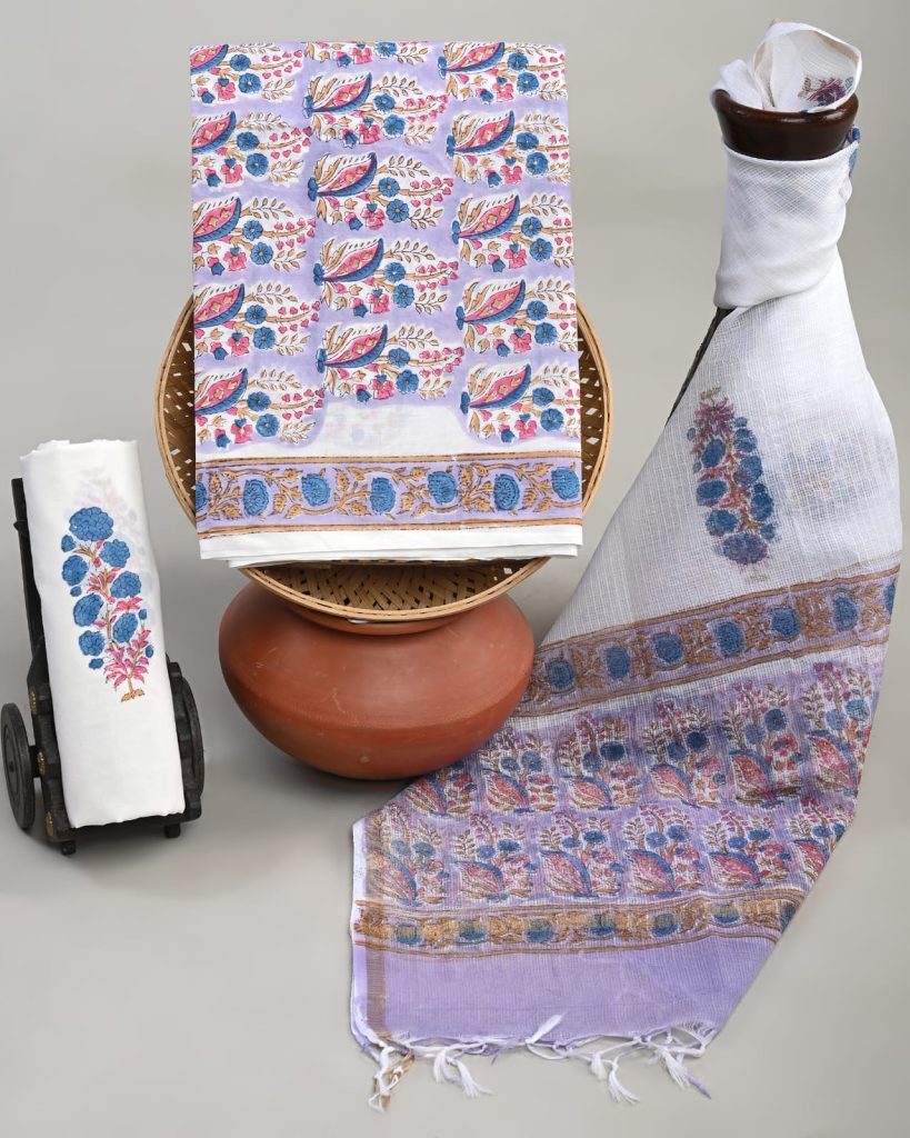 Lavender Traditional Block Print Salwar Kameez Fabric with Kota Doria Dupatta