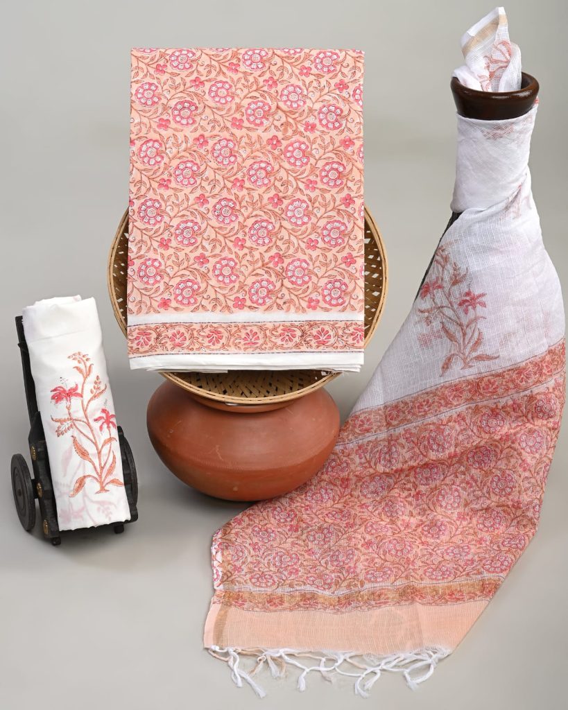 Peach Floral Hand Block Printed Cotton Salwar Suit with Kota Doria Dupatta