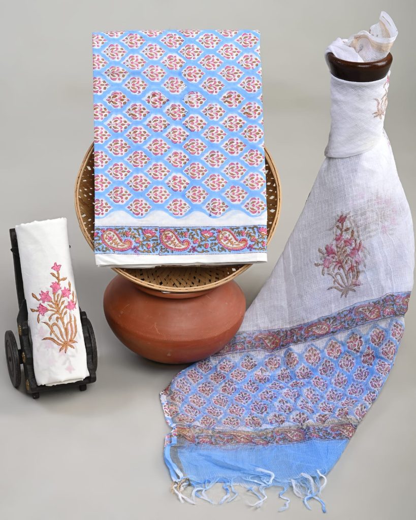 Sky Blue Ethnic Print Cotton Salwar Material with Kota Doria Dupatta