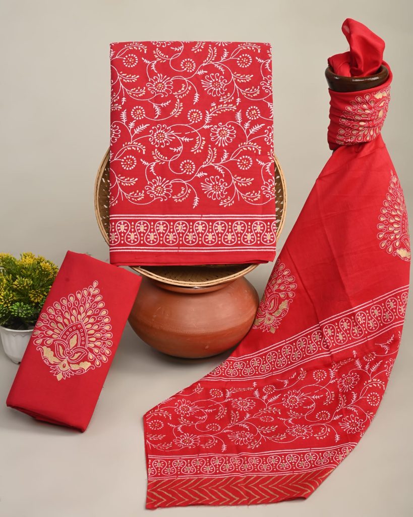 Vibrant Red Hand Block Printed Cotton Salwar Kameez Material