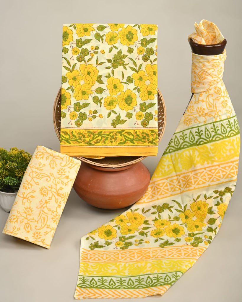 Yellow Floral Hand Block Printed Cotton Salwar Kameez Material