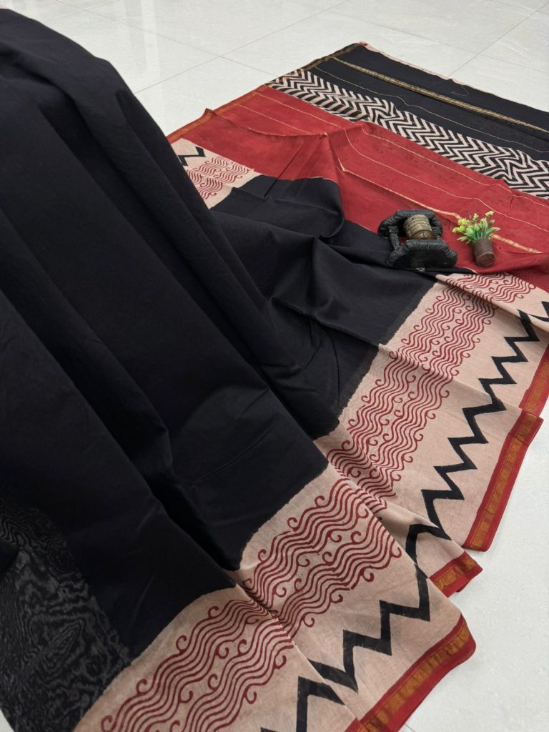Classic Black Red Chanderi Silk Saree with Geometric Patterns for Elegance