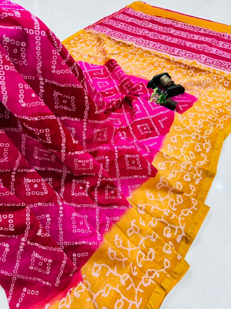 Elegant Fuchsia Chanderi Silk Saree with Mustard Geometric Print | Versatile & Chic