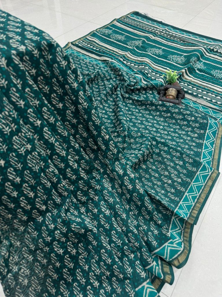 Exclusive Teal Green Chanderi Silk Saree with Ethnic Hand Block Prints