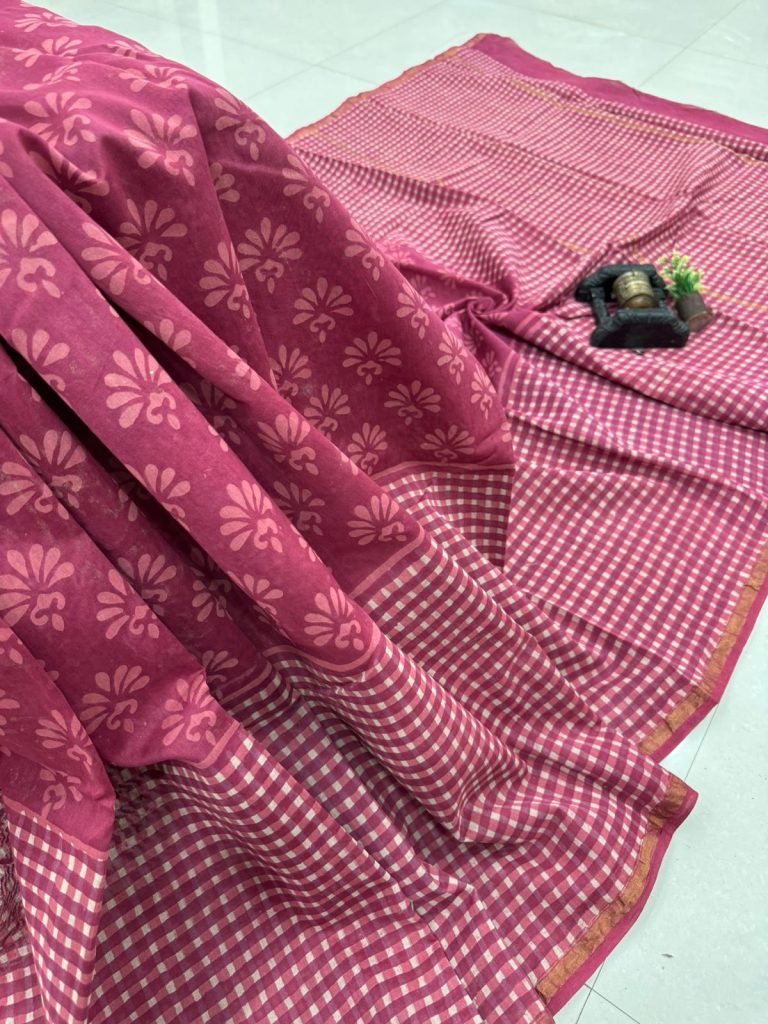 Fuchsia Pink Chanderi Silk Party Saree with Checks and Floral Prints