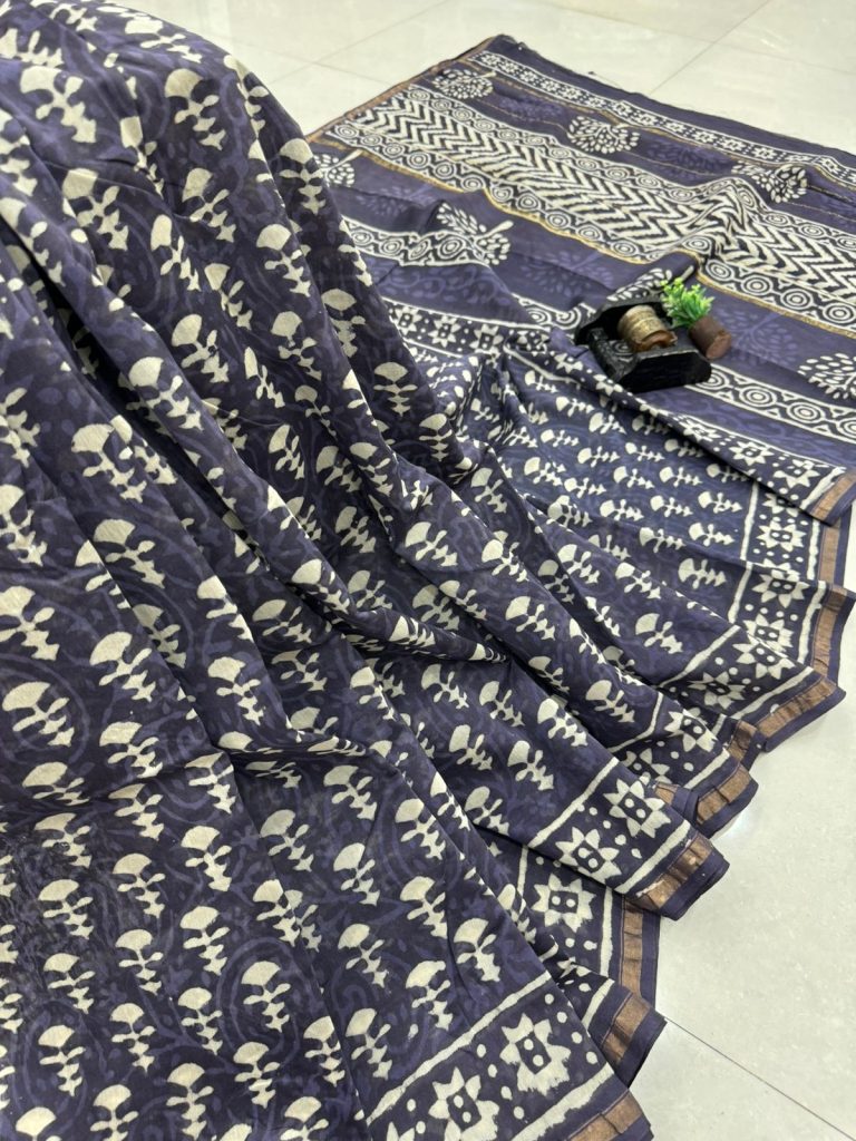 Mystic Blue Chanderi Silk Saree with Handcrafted Booti Print for Parties