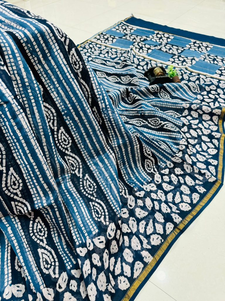 Indigo Chanderi Silk Saree with Authentic Batik Prints for Parties