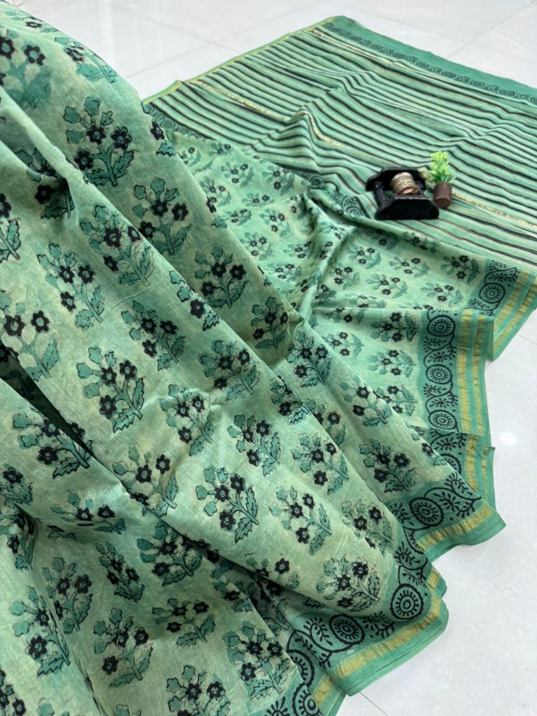 Refreshing Mint Green Chanderi Silk Saree with Floral Elegance