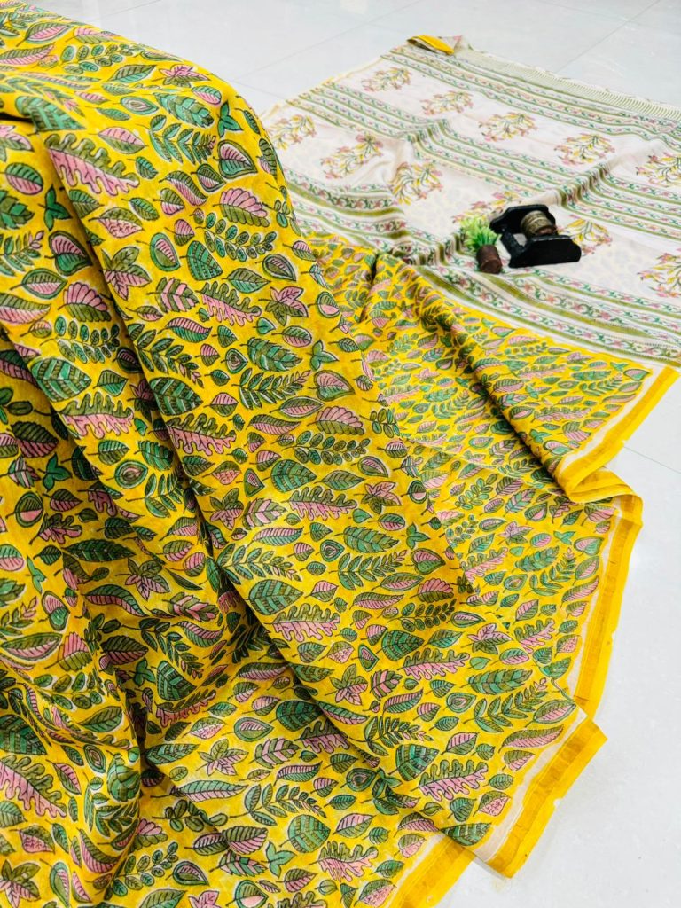 Lemon Yellow Botanical Patterned Chanderi Silk Saree for Celebrations