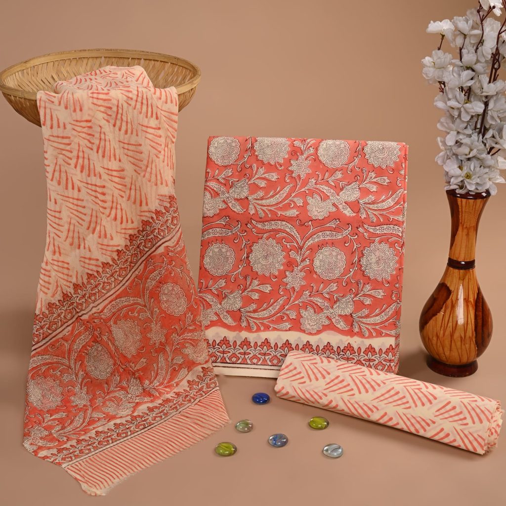 Coral Paisley Charm Handcrafted Salwar Kameez Material with Chiffon Dupatta
