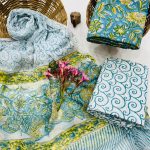 Aqua Blue Floral Cotton Salwar Kameez with Yellow Hand Block Print Dupatta – Summer Elegance